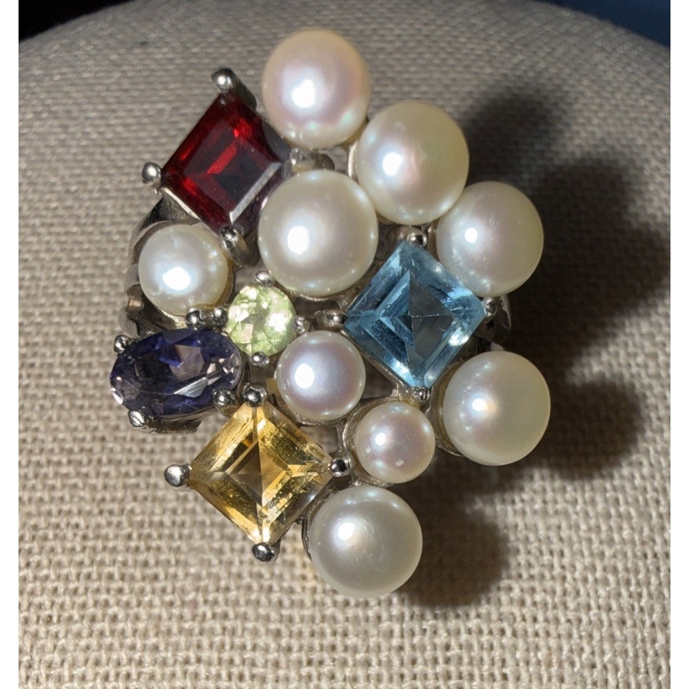 Sterling Silver 925 Ross Simons Cultured Pearl & Multi Gemstone Ring Size 8* VTG